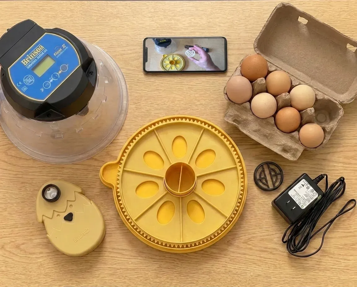The hatching kit laid out on a wooden table: incubator, egg tray, candler, a carton of seven eggs, power adapter and a phone showing the setup video
