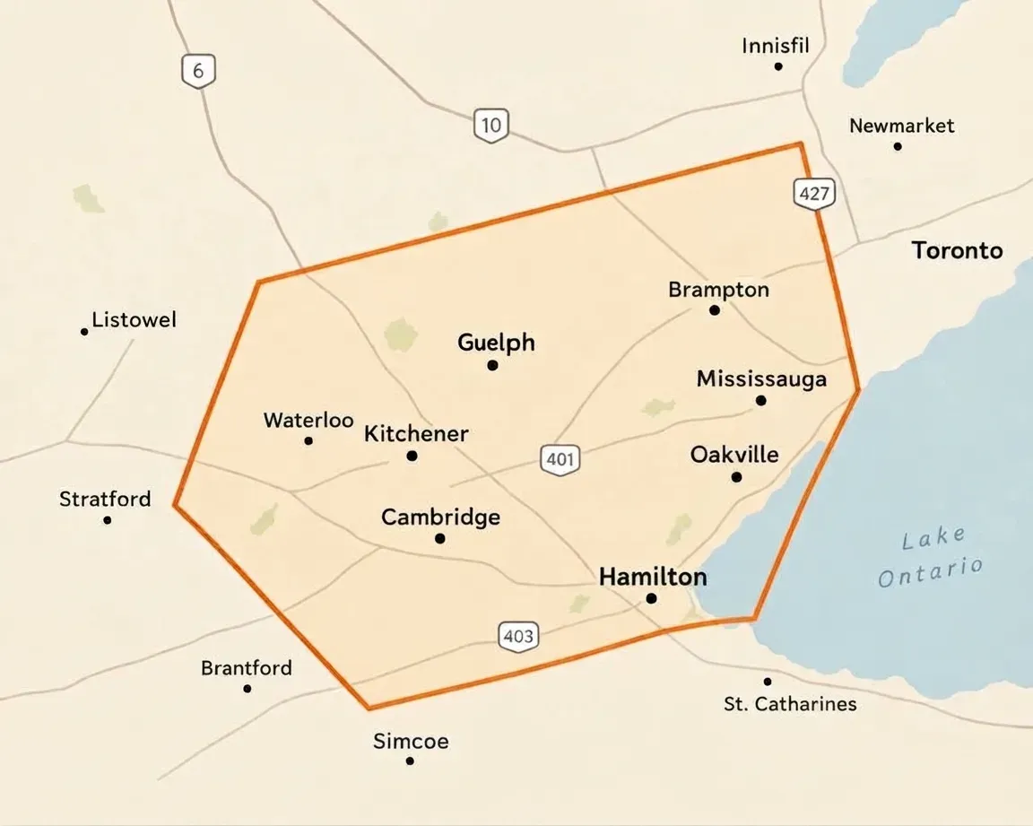 Map of the delivery range, from Waterloo east to Highway 427 and south to Hamilton