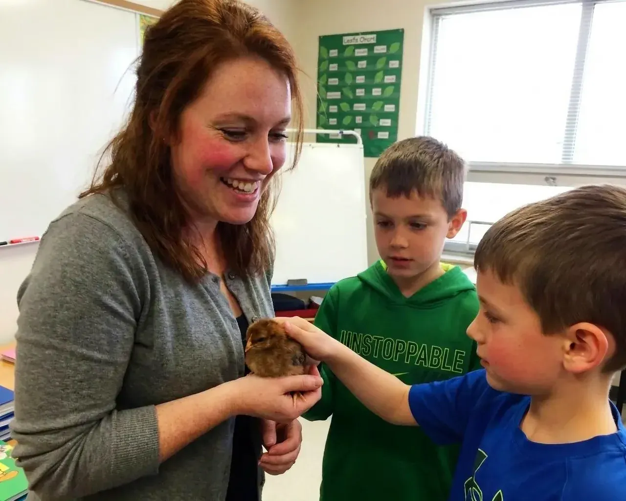 An educator holding a chick for the children