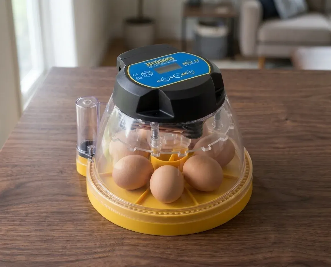 The egg incubator with seven brown eggs inside, set up on a wooden table in a living room