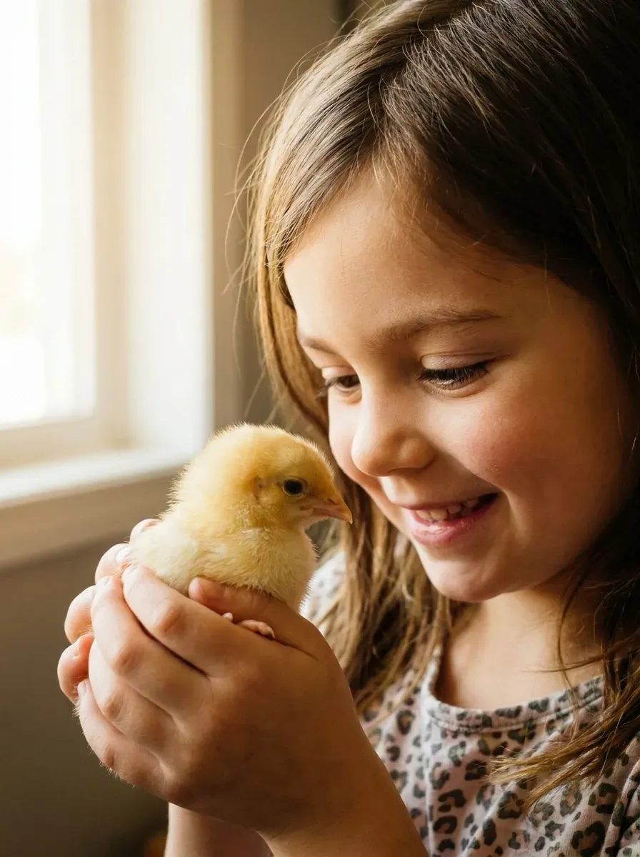 A girl smiling at a fluffy chick in her hands