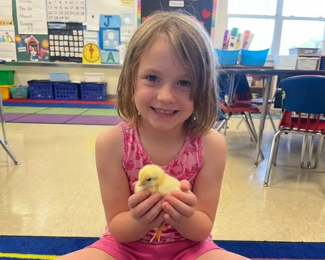 A smiling girl in pink holding a yellow chick in cupped hands