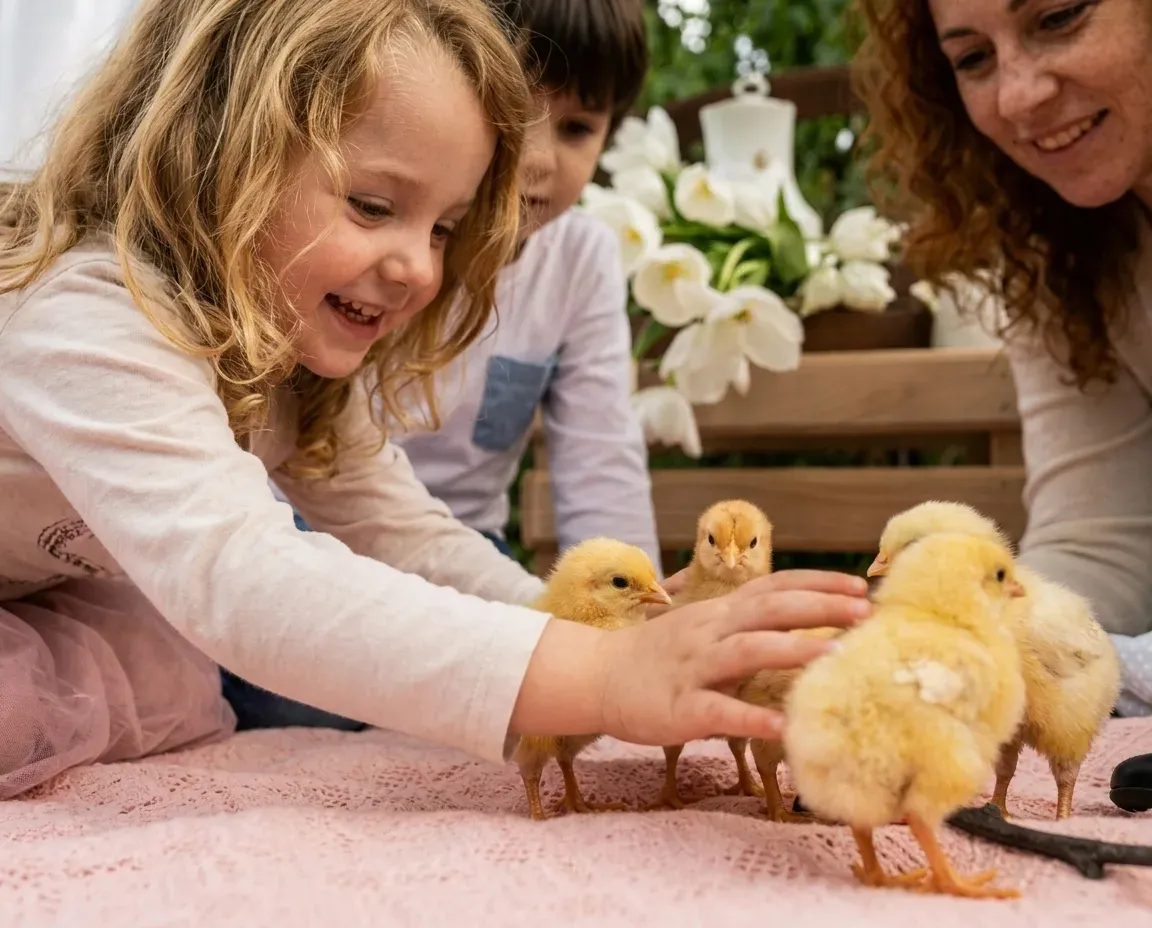 A smiling girl reaching out to pet chicks on a pink blanket while her brother and mom watch