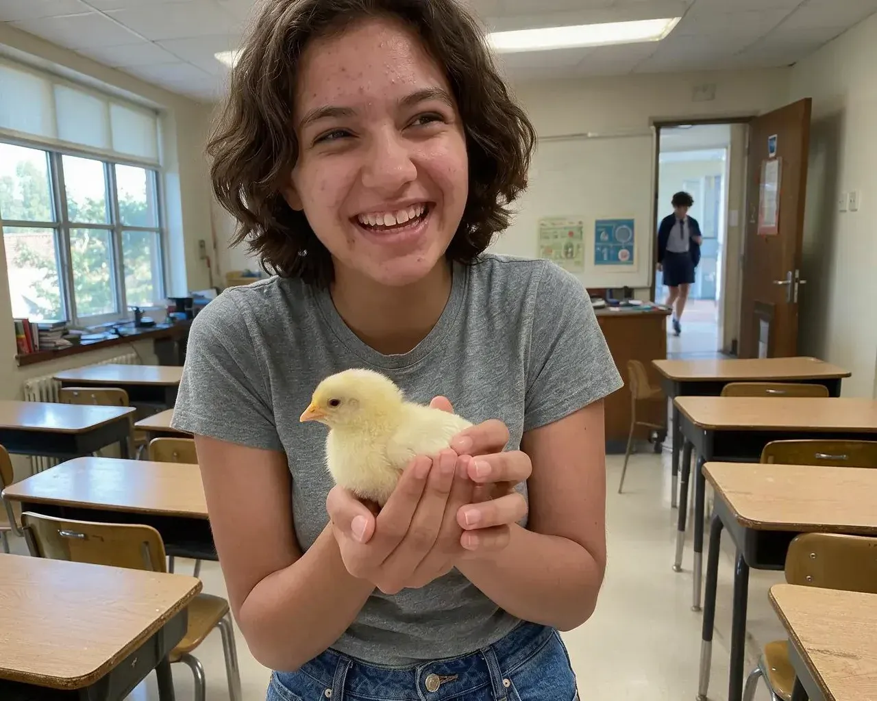A high school student smiling with a chick