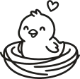 A happy chick sitting in a nest with a heart above it