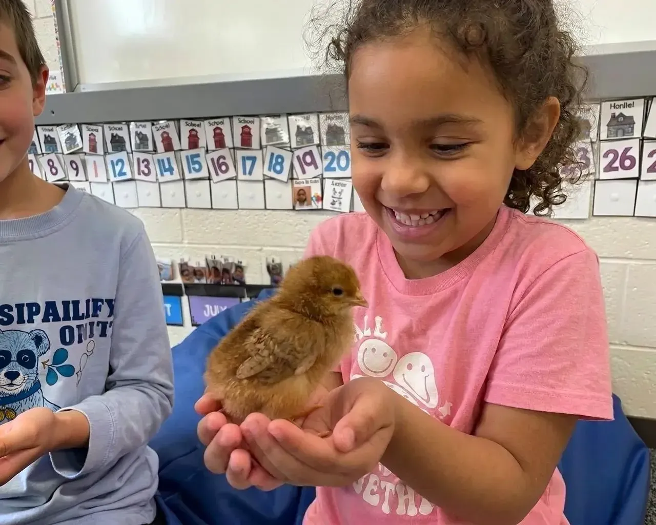 A smiling girl holding a chick