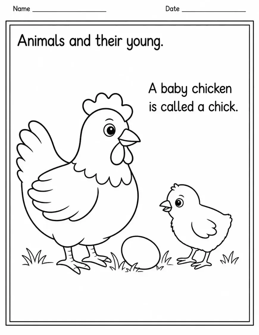 Animals and their young colouring worksheet