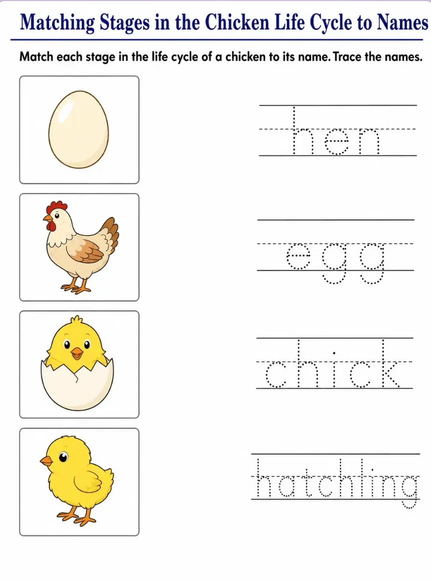 Chicken life cycle matching and tracing worksheet